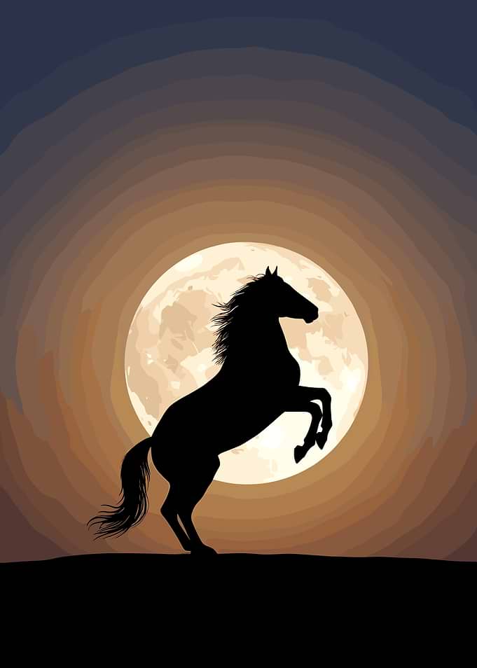 Silhouette of a horse rearing up against a large moon