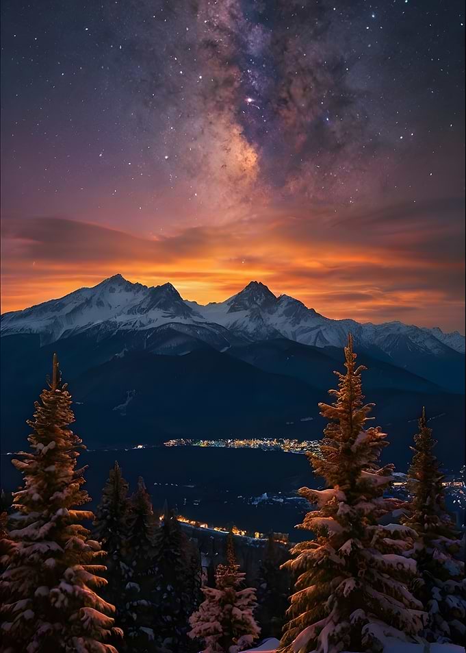 Milky Way Over Snowy Mountains and Town