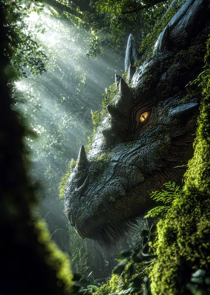Moss-Covered Dragon in Sunlit Forest