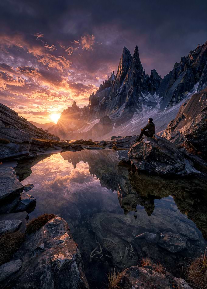 Man overlooking a mountain lake at sunset