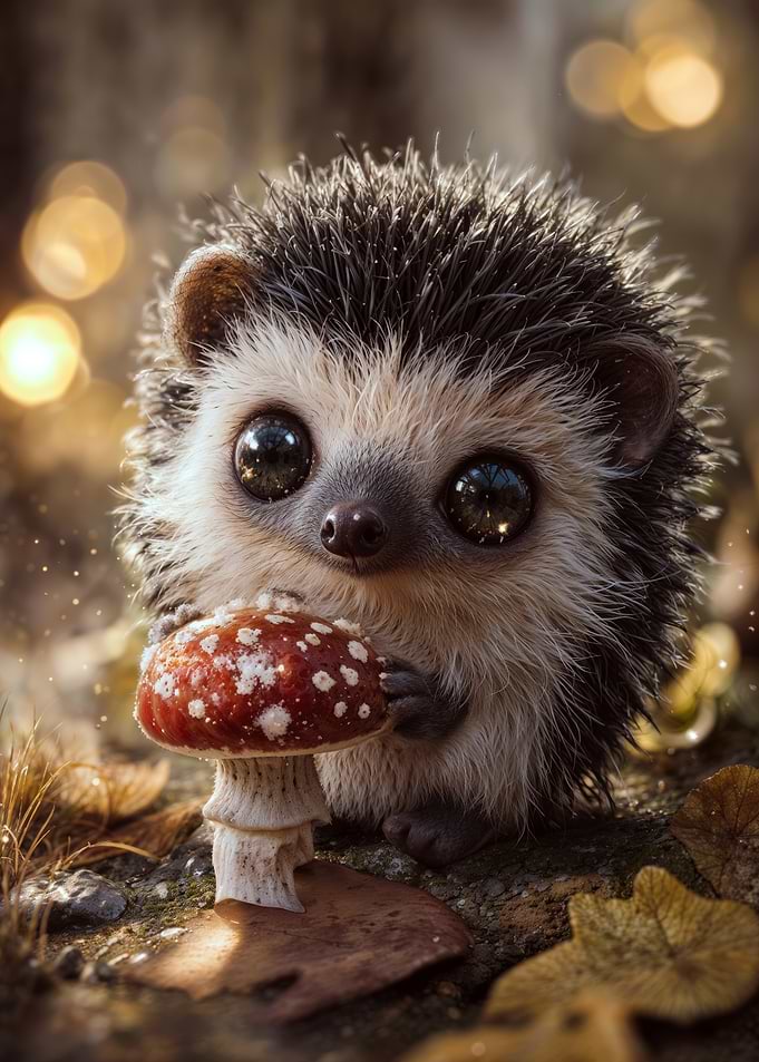 Cute hedgehog holding red mushroom
