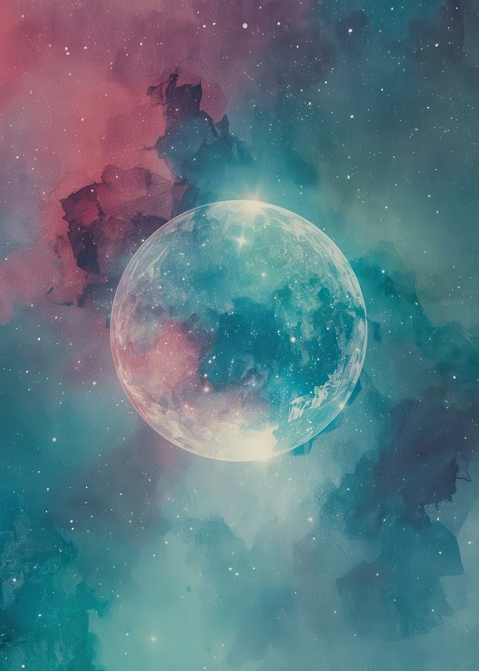 Ethereal Moon Over Teal Nebula - Dreamy Cosmic Digital Art