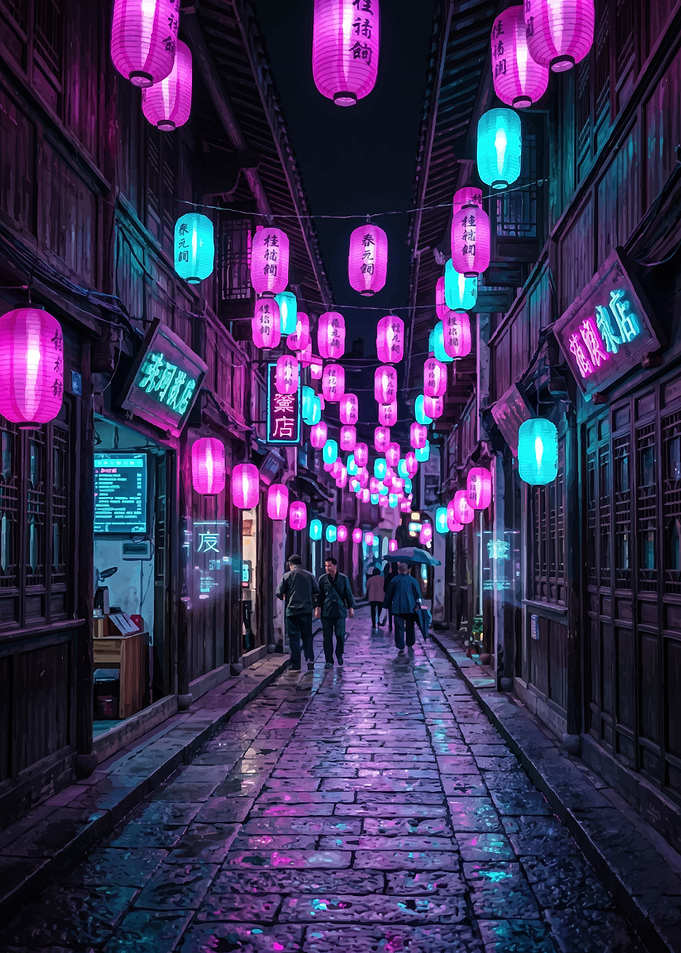 Neon Lantern Street at Night