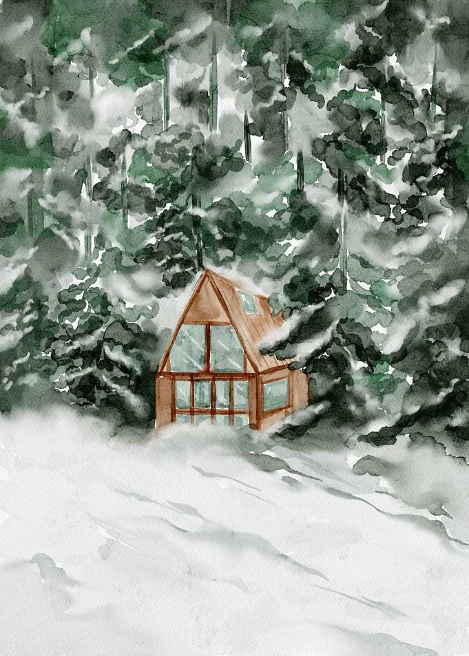 Cozy Cabin in Snowy Forest