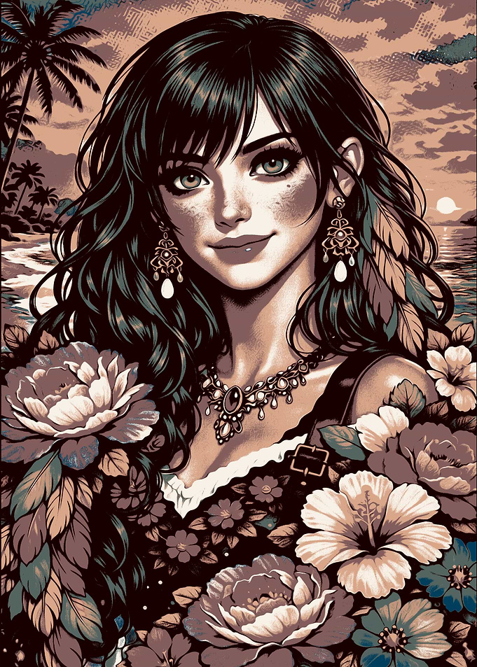Bohemian Woman with Flowers and Tropical Background