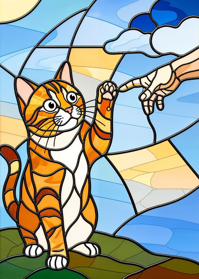 Stained Glass Cat and God's Handr