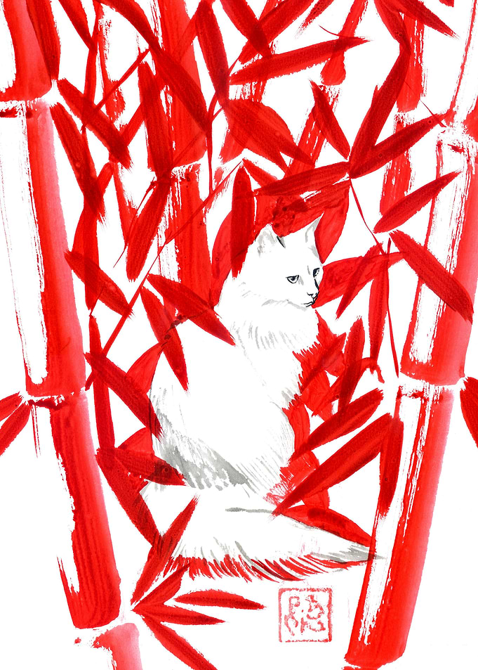 White Cat Among Red Bamboo