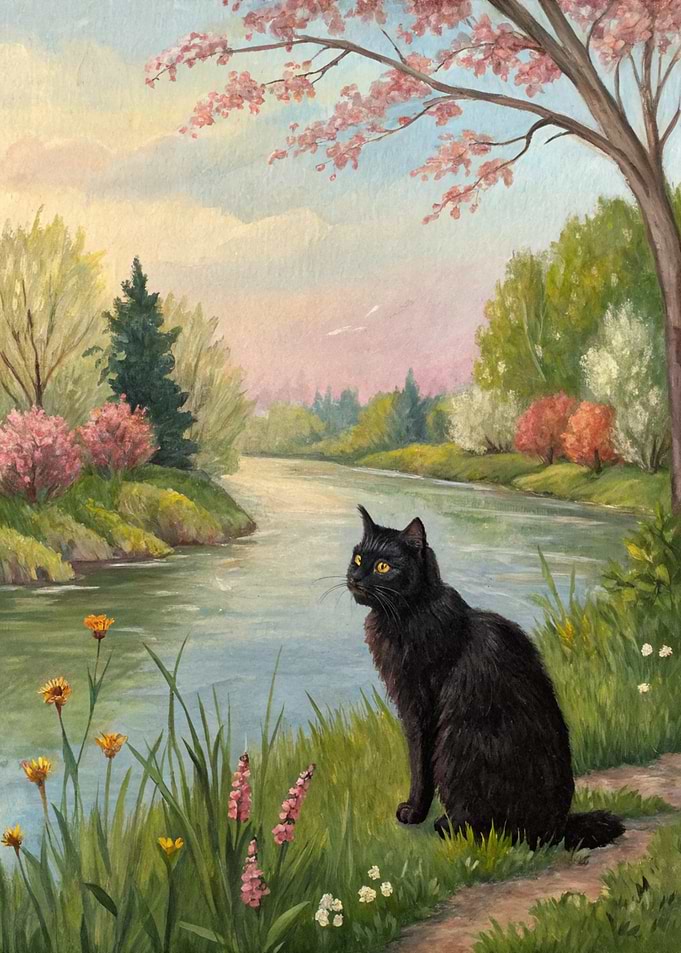 Black Cat by a Spring River