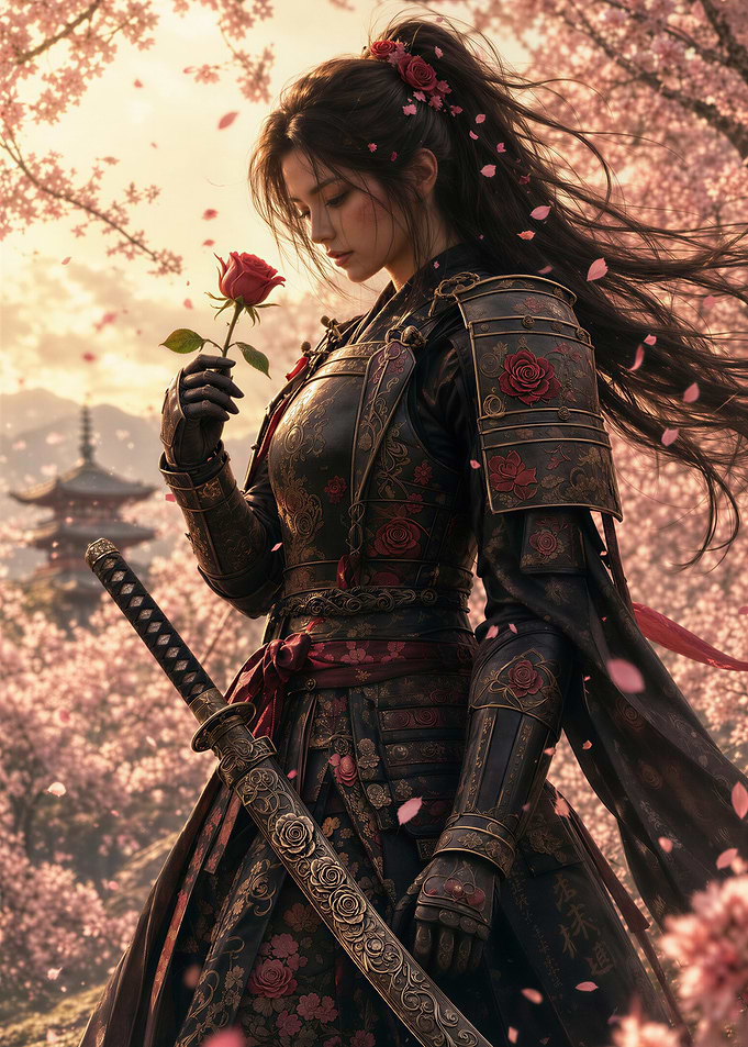 Samurai Woman with Rose and Cherry Blossoms