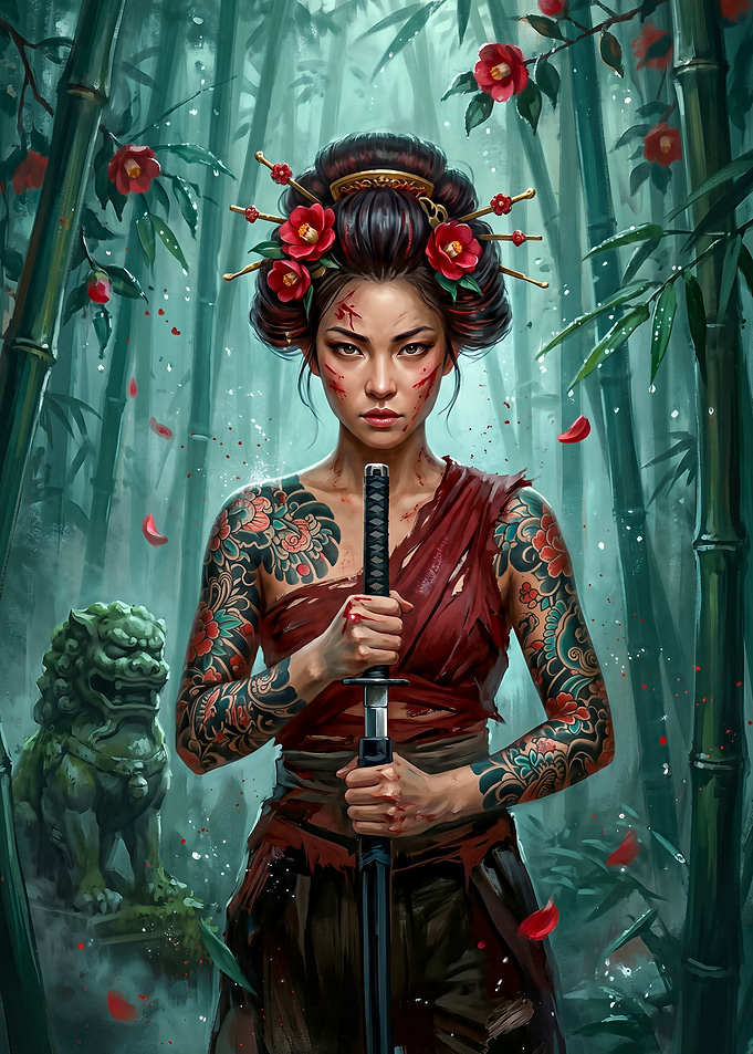 Tattooed Warrior Geisha with Katana