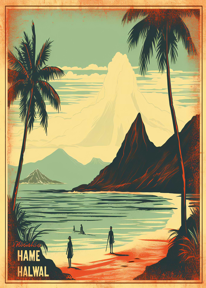Vintage Hawaiian Beach Scene