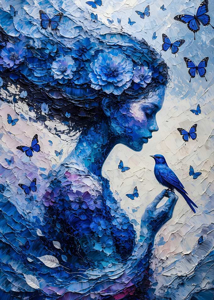 Blue Serenity: Woman with Floral Crown and Butterflies