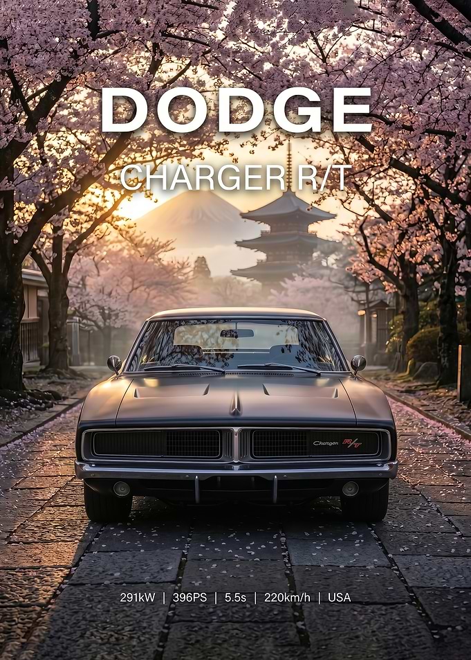 matte black Dodge Charger R/T in Japan Mount Fuji