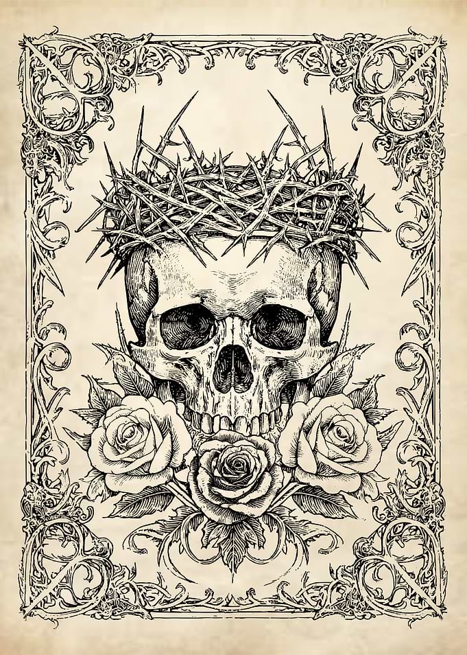 Skull with Crown of Thorns and Roses