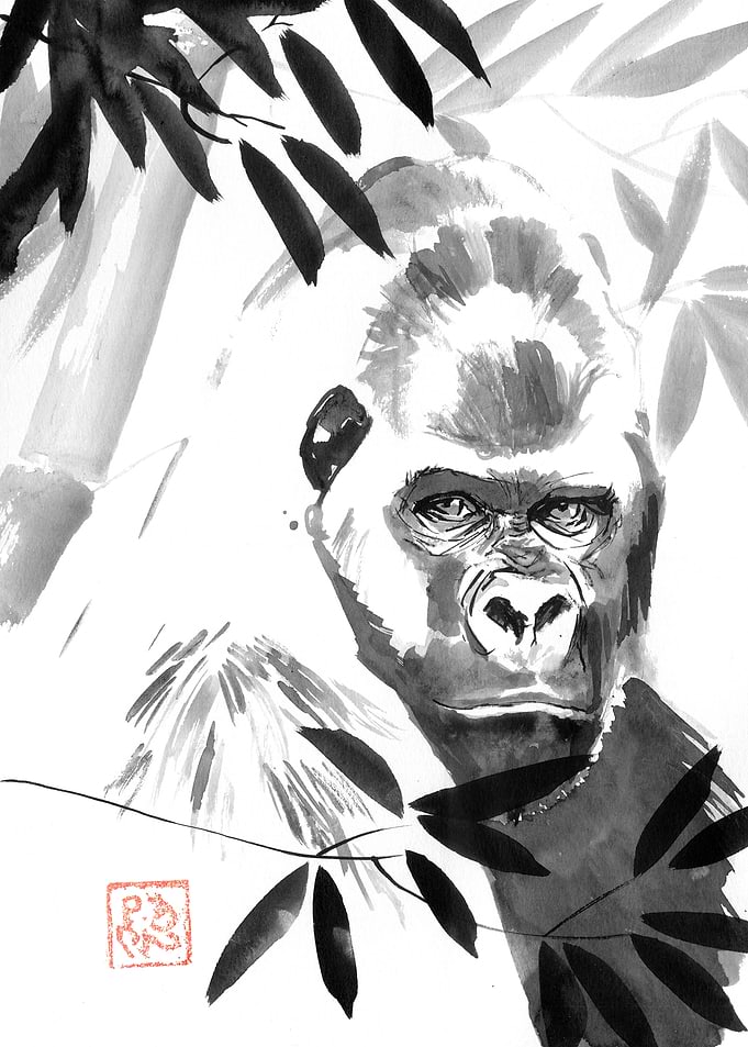 Gorilla Portrait with Bamboo