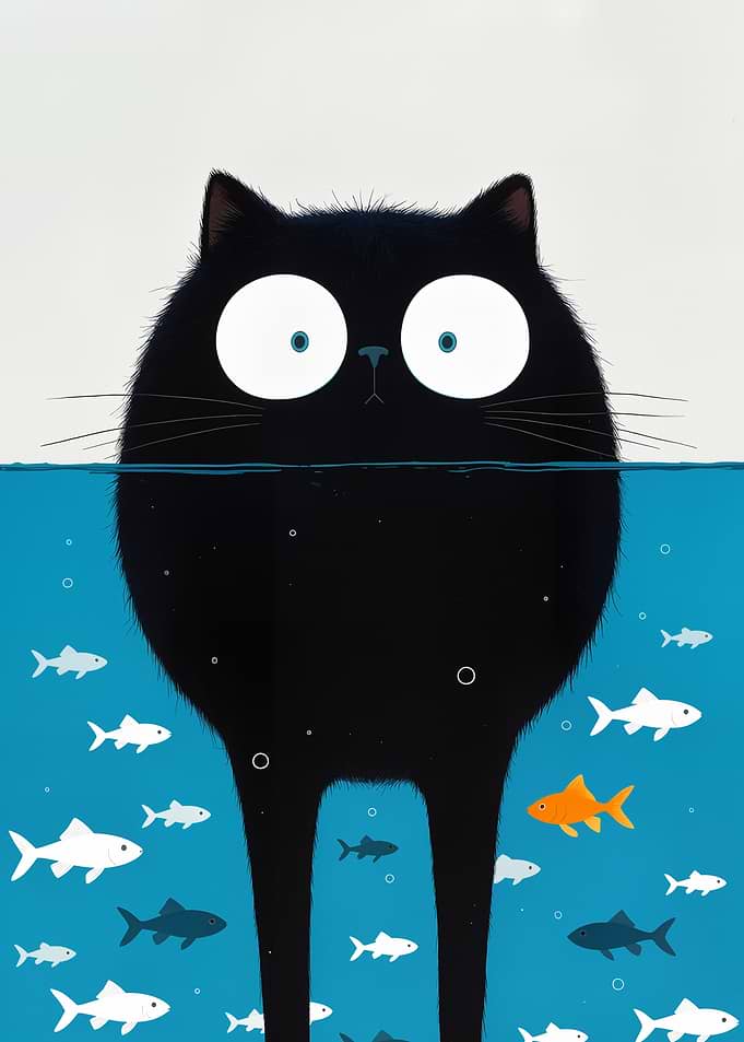 Surprised Cat in Water with Fish