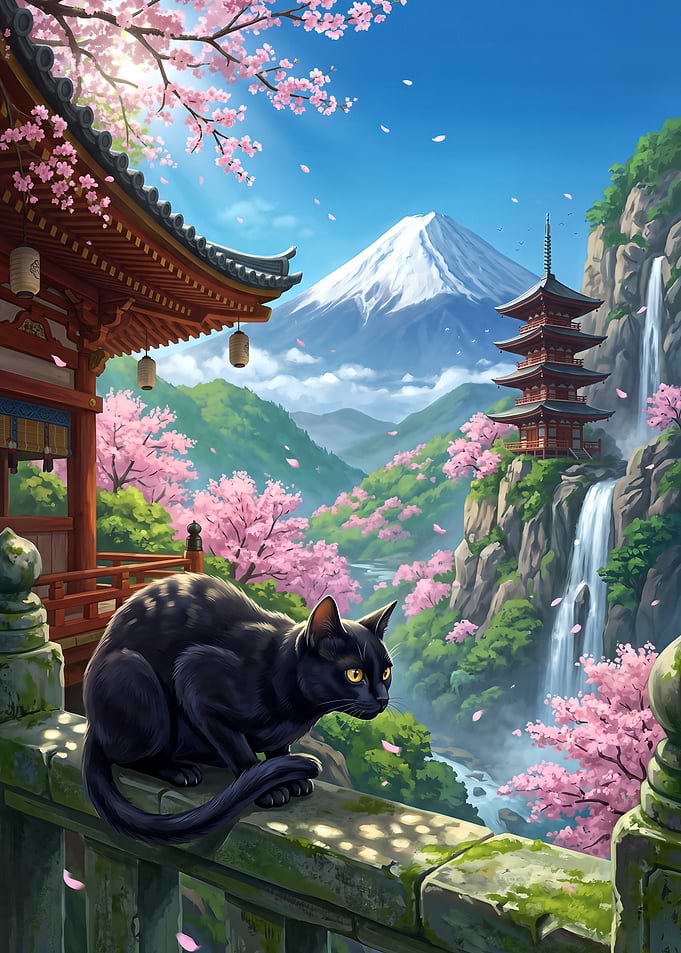 Black Cat Enjoying the Japanese Landscape with Mount Fuji