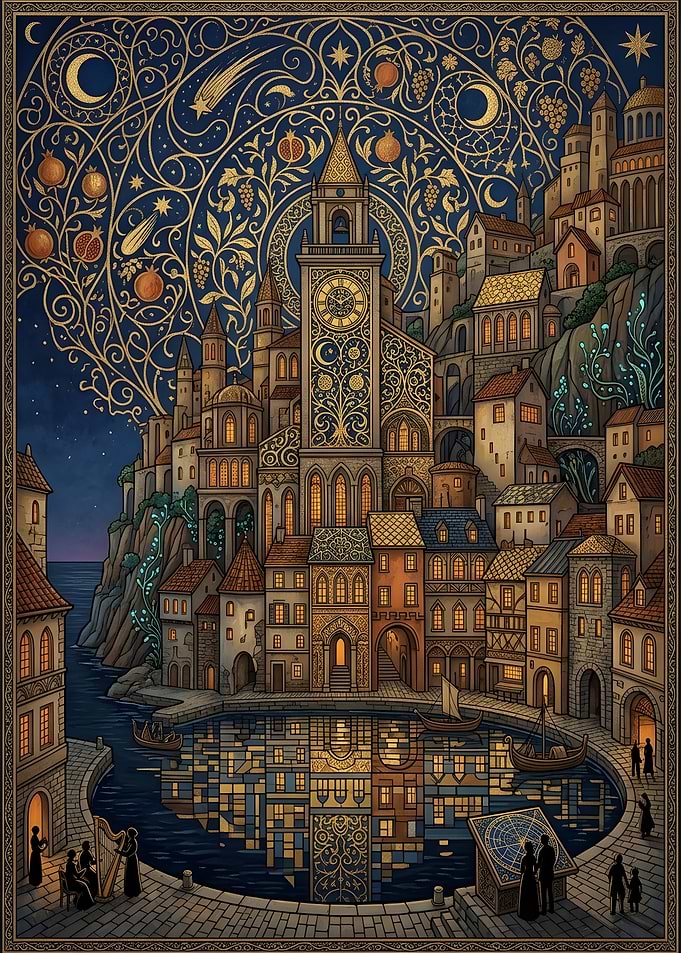 Enchanted Cityscape with Celestial Motifs