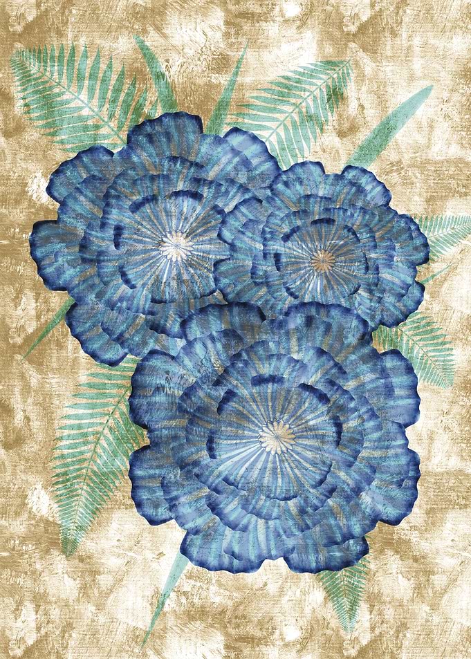 Blue Flowers with Ferns on Textured Background