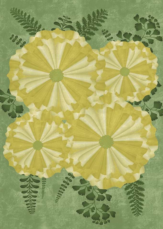 Yellow Flowers and Ferns on Green Background