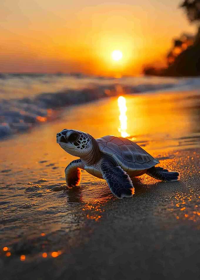 Baby sea turtle at sunset