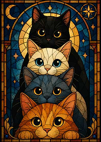 Stained Glass Cats with Celestial Background
