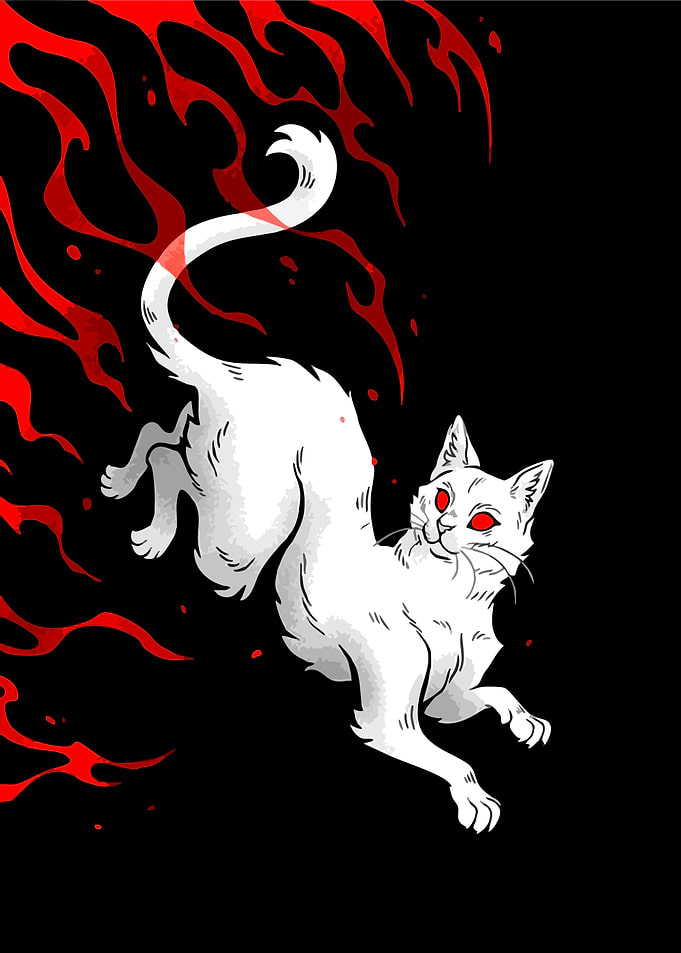 White Cat with Red Eyes and Flames