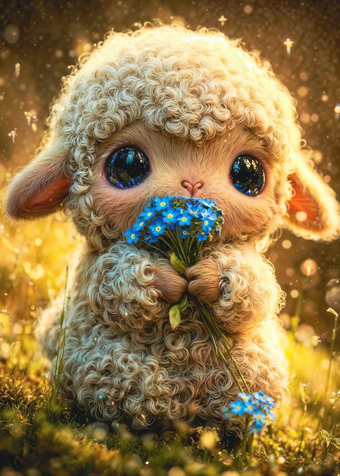 Fluffy Lamb Holding Blue Flowers