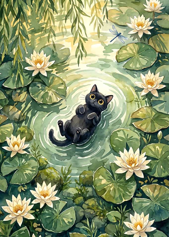 Black Cat Floating Among Water Lilies
