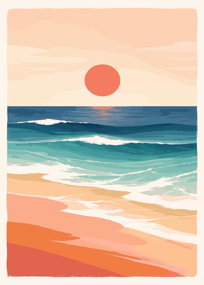 Sunset Beach Poster, Minimalist Ocean Wall Art, Calm Summer Seascape Print