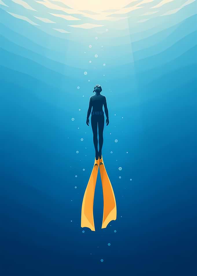 Freediver With Orange Long Fins Ascending Towards Light