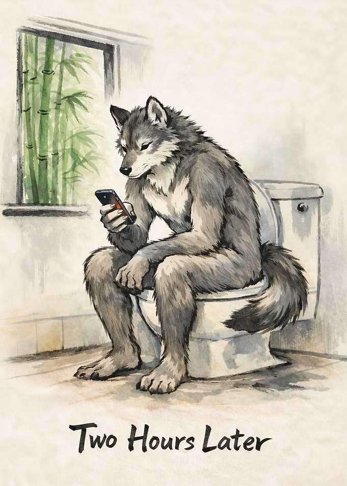 Wolf on Toilet with Phone