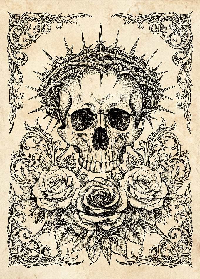 Skull with Crown of Thorns and Roses
