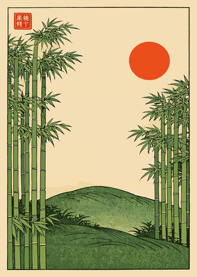 Japanese Bamboo Poster, Zen Woodblock Style Wall Art, Red Sun Nature Print