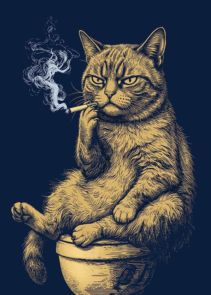 Smoking Cat Bathroom Poster — Funny Retro Woodcut Toilet Wall Art