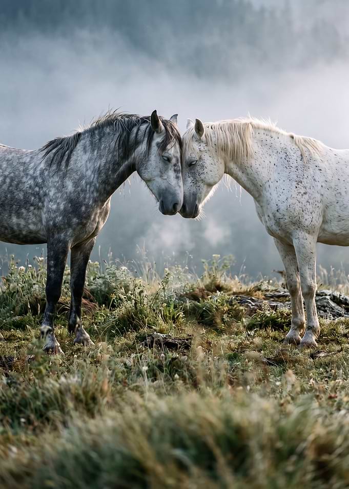 Two horses nuzzling in a misty landscape