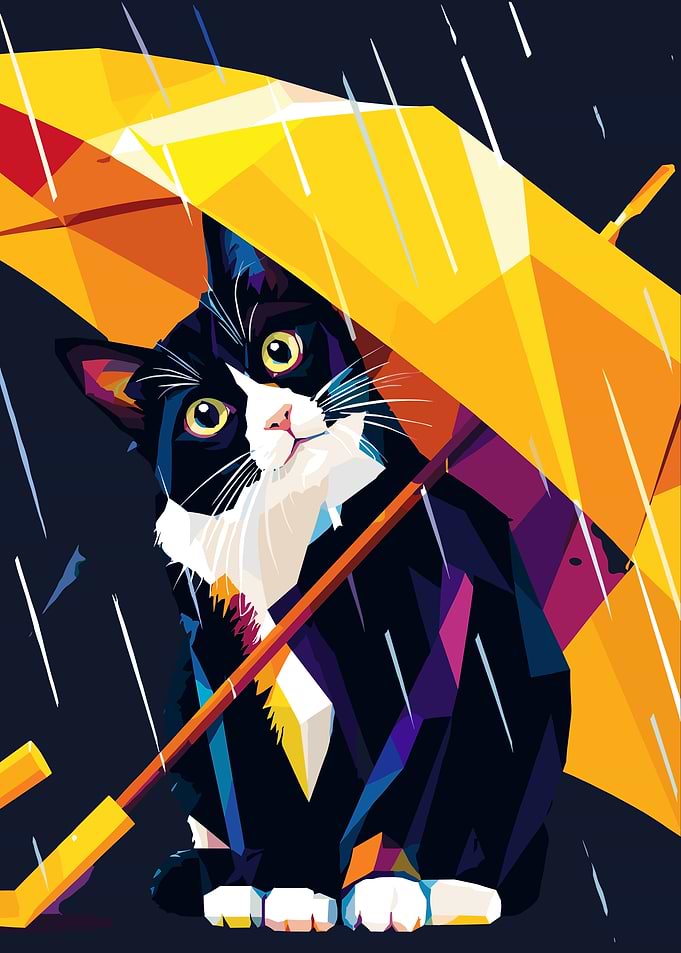 Tuxedo Cat Under Yellow Umbrella in Rain