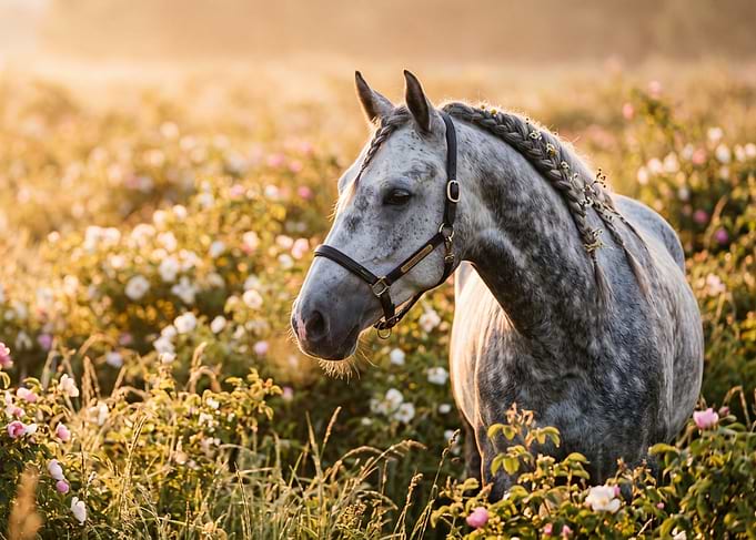 Dappled gray horse in a field of flowers