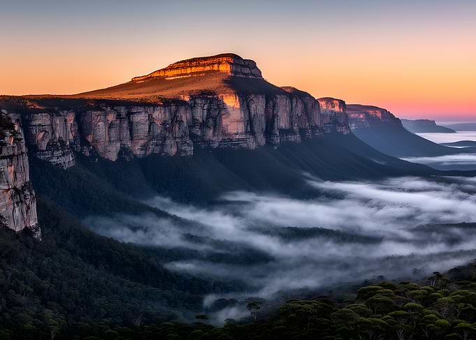 Sunrise over misty mountains