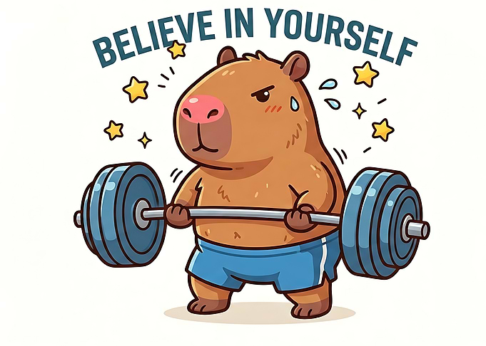 Capybara lifting weights with inspirational text