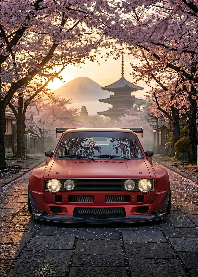 Red Sports mk Car Under Cherry Blossoms in Japan