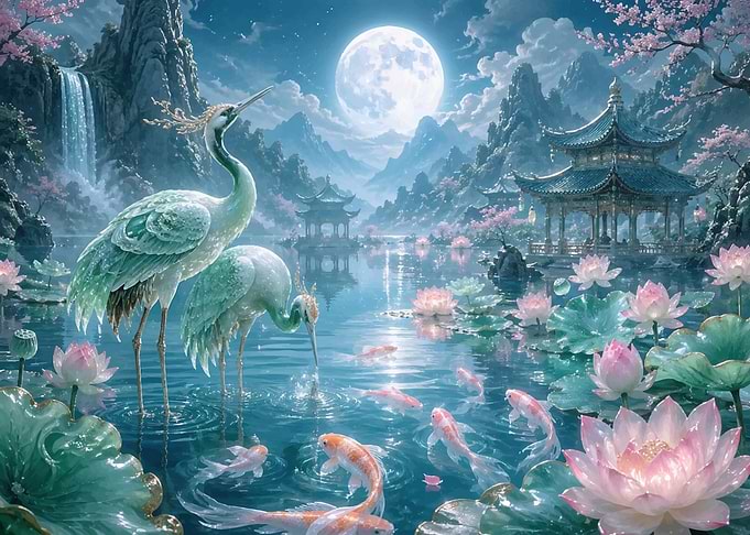 Serene Asian Landscape with Cranes and Koi