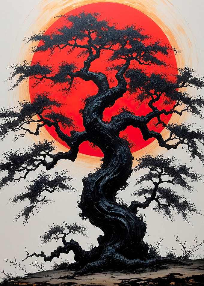 Bonsai Tree Against Red Sun