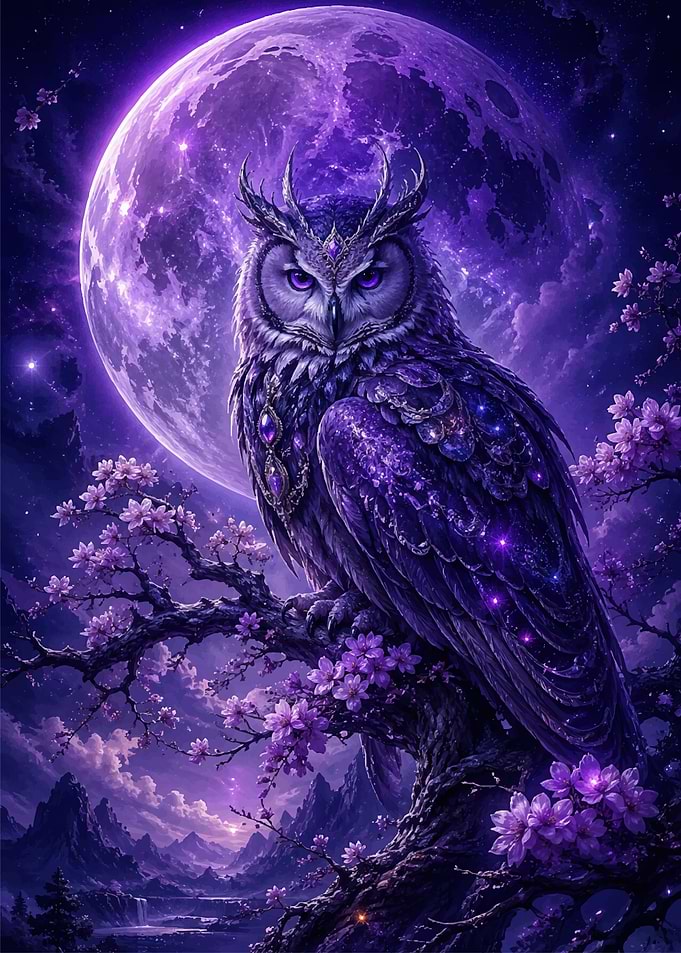 Mystical Owl Under a Purple Moon