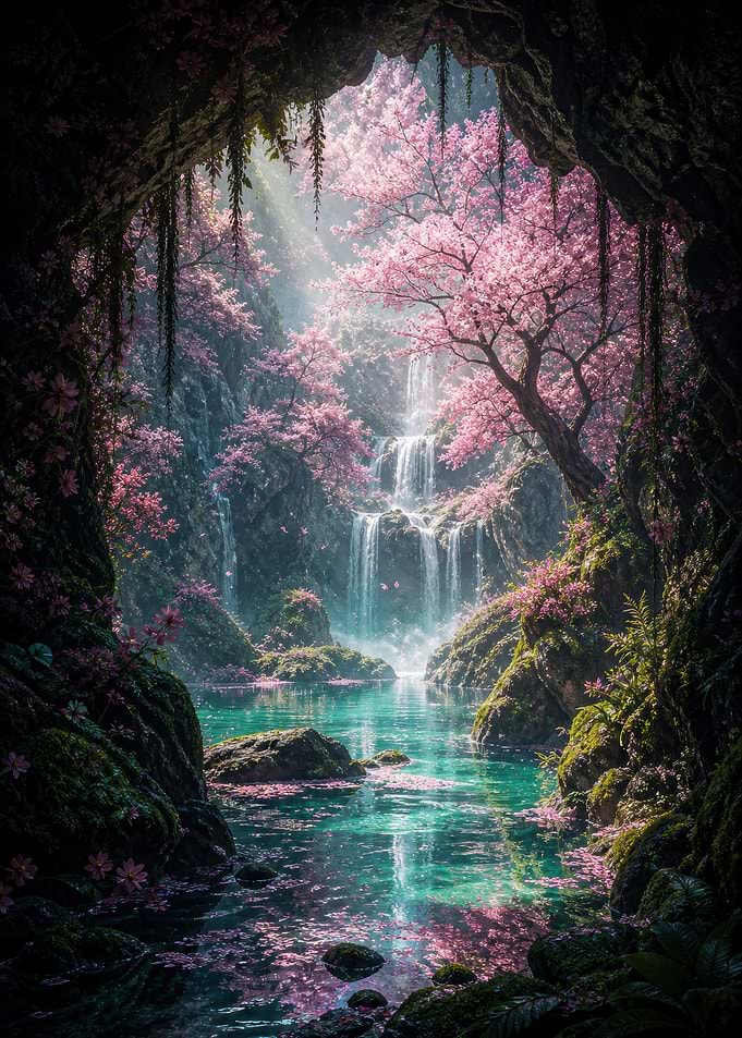Enchanted Cherry Blossom Waterfall Cave