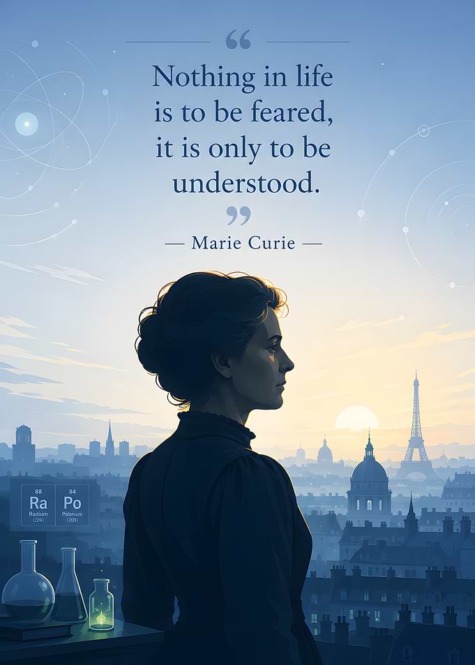Marie Curie quote with Paris cityscape
