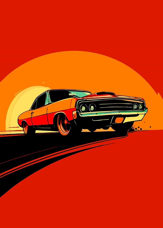 Retro Muscle Car Drifting at Sunset