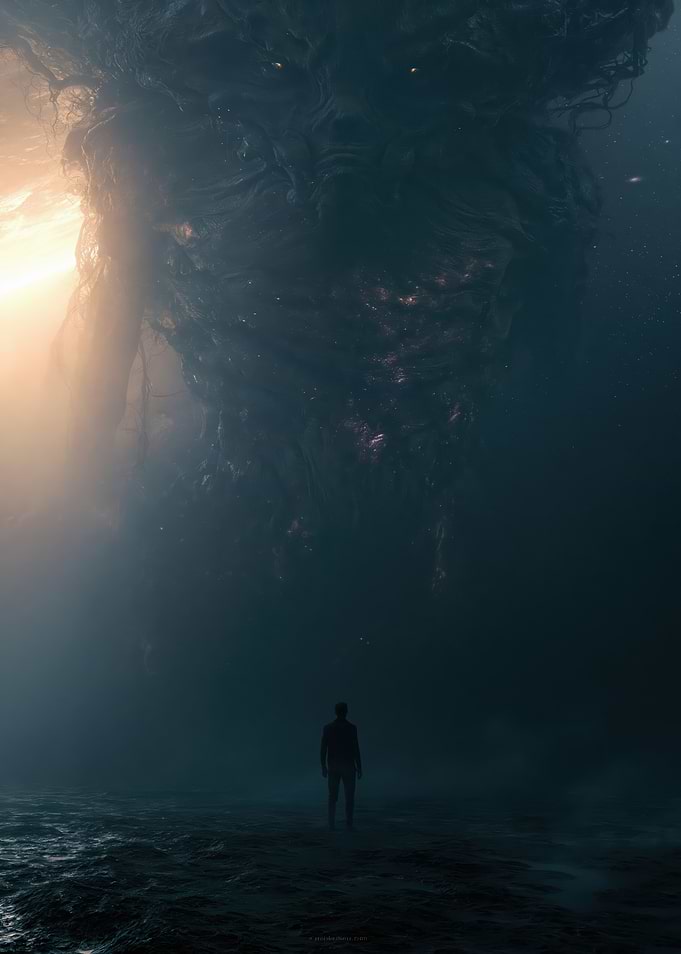 Giant Cosmic Entity and Lone Figure