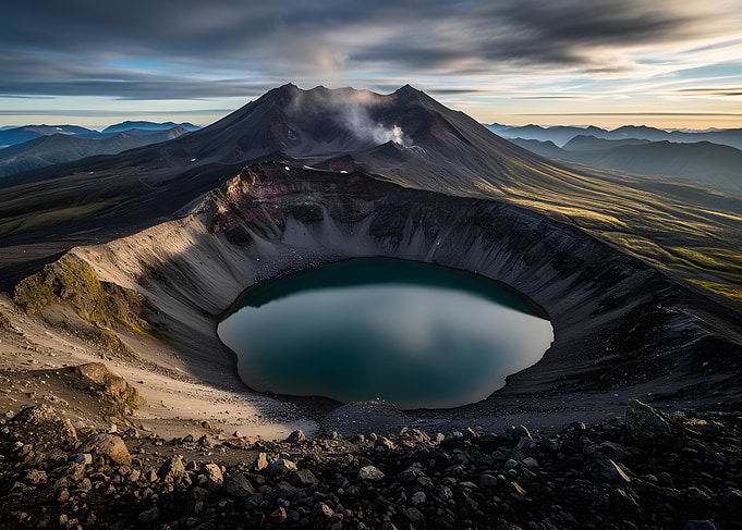 Volcanic Crater Lake at Sunrise