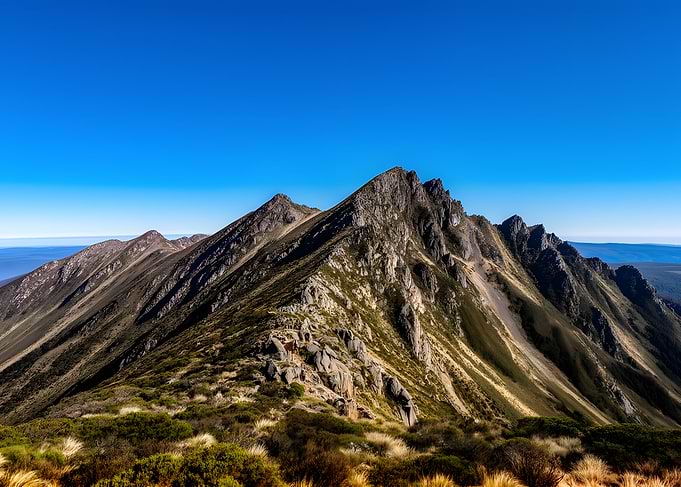 Jagged Mountain Peaks Under Clear Blue Sky